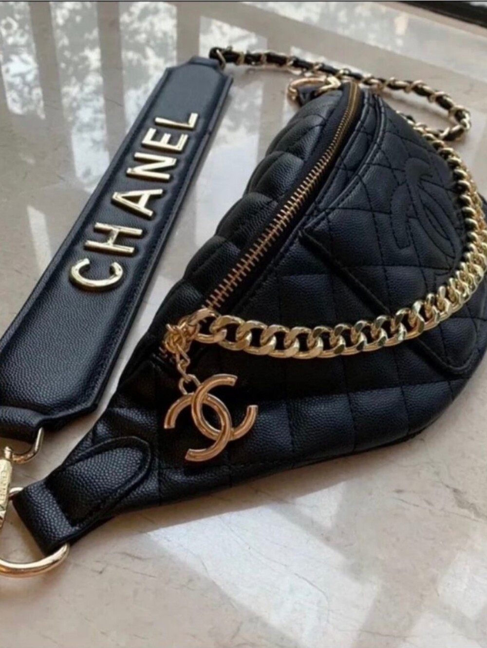 Black Quilted Leather Crossbody Belt Bag with Gold Chain